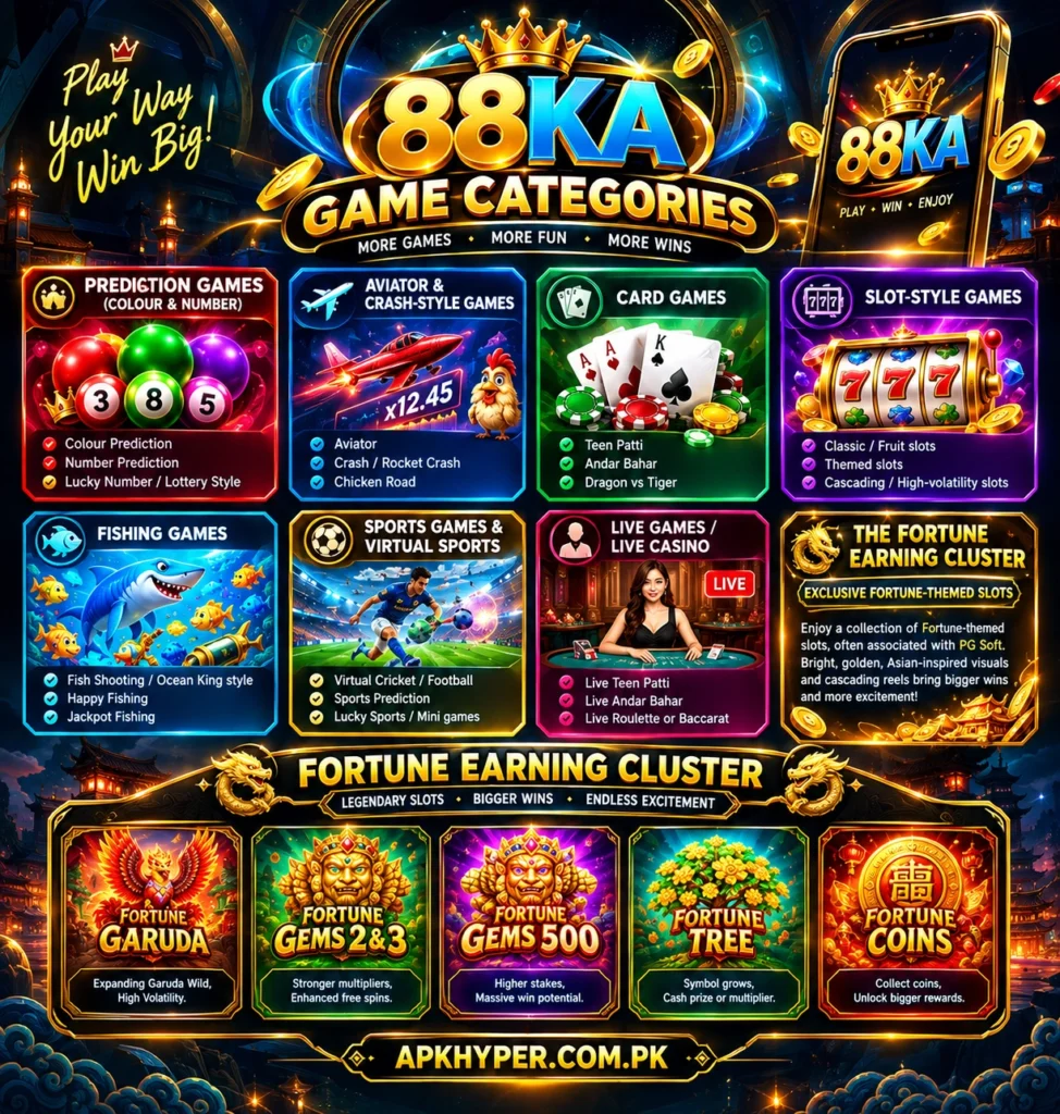 88KA game categories featuring Fortune, Aviator, slots, cards, fishing, and sports games.