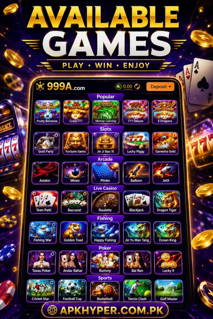 Latest Available Games on 999A Game APK 2026